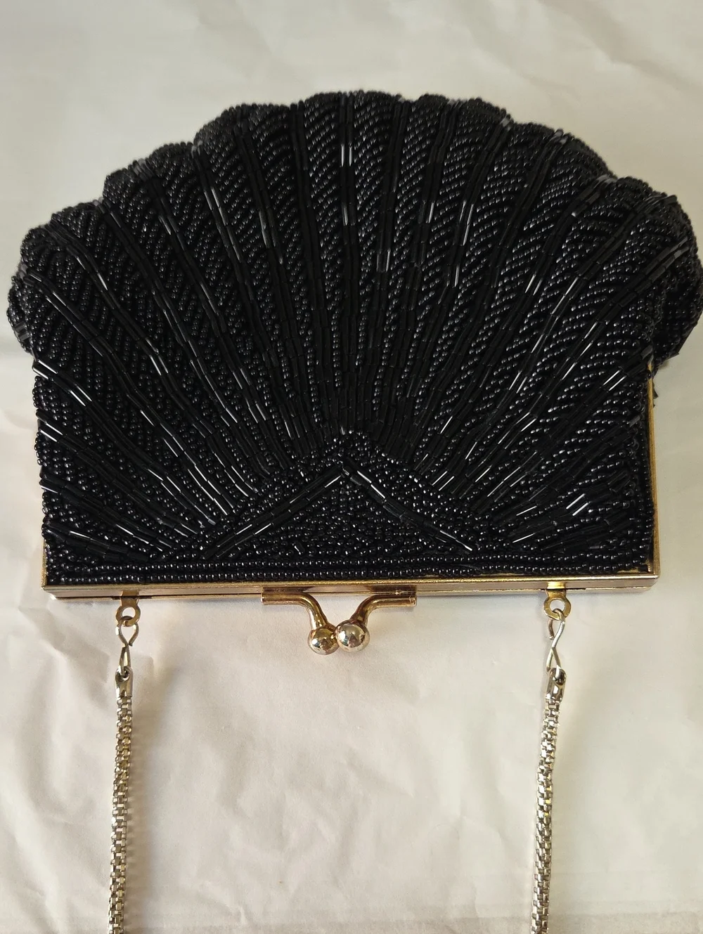 La Regale Vintage 1950's Black Beaded Shell-Style Clutch with Chain